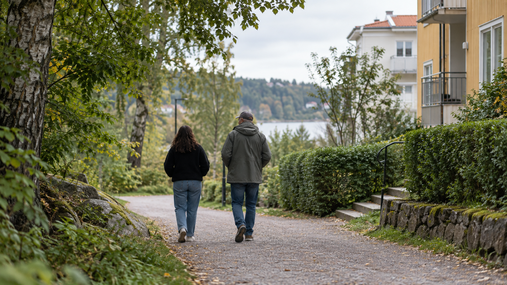 Två personer som går tillsammans på en lugn väg i ett bostadsområde